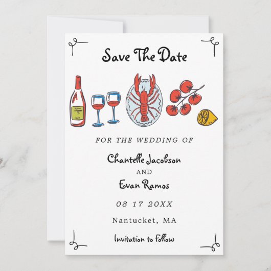 手描きシーフードロブスタービーチをテーマ結婚にした セーブザデート (正面)