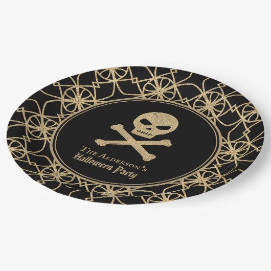 手描きスカル金ゴールドグリッターハローウィンパーティ ペーパープレート (アングル)