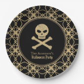 手描きスカル金ゴールドグリッターハローウィンパーティ ペーパープレート (正面)