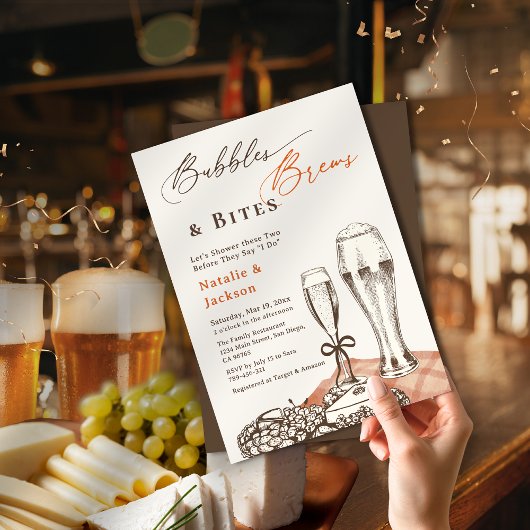 手描きスケッチ バブル ブリュース＆バイツ カップルシャワー 招待状