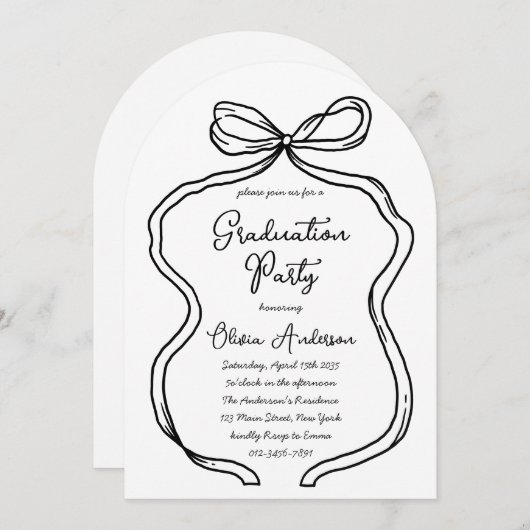 手描きスタイリッシュ弓&スクリプト卒業パーティー 招待状 (正面/裏面)