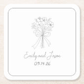 手描きスタイルシンプル細線の花と弓 スクエアペーパーコースター (正面)