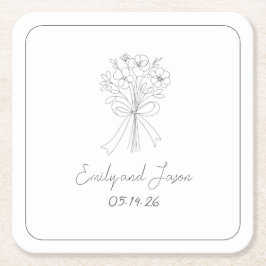 手描きスタイルシンプル細線の花と弓 スクエアペーパーコースター