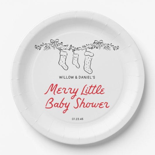 手描きストッキングメリー小さな赤ちゃんシャワー ペーパープレート (正面)