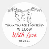 手描きストッキングメリー小さな赤ちゃんシャワー ラウンドシール (正面)