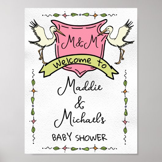 手描きストーククレスト赤ちゃんシャワー歓迎サイン ポスター (正面)