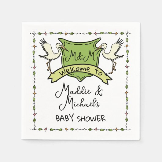 手描きストーククレスト赤ちゃんシャワー スタンダードカクテルナプキン (正面)