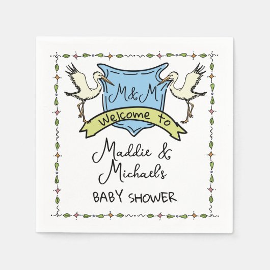手描きストーククレスト赤ちゃんシャワー スタンダードカクテルナプキン (正面)