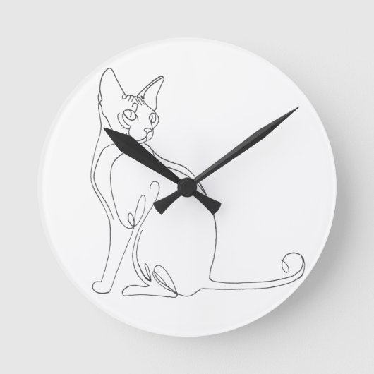 手描きスフィンクス猫のミニマルデザイン ラウンド壁時計 (正面)