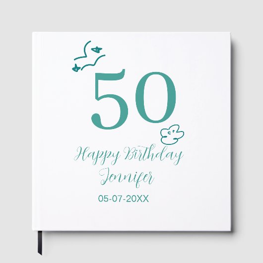 手描きターコイズと雲の名入れ50歳の誕生日デザイン ゲストブック (正面)