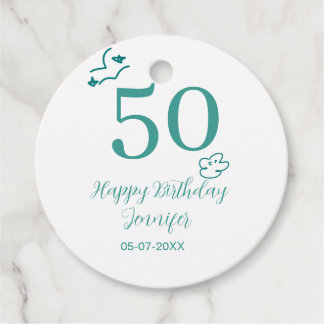 手描きターコイズと雲の名入れ50歳の誕生日デザイン フェイバータグ