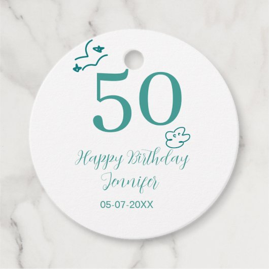 手描きターコイズと雲の名入れ50歳の誕生日デザイン フェイバータグ (正面)