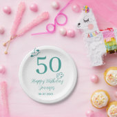手描きターコイズと雲の名入れ50歳の誕生日デザイン ペーパープレート (パーティー)