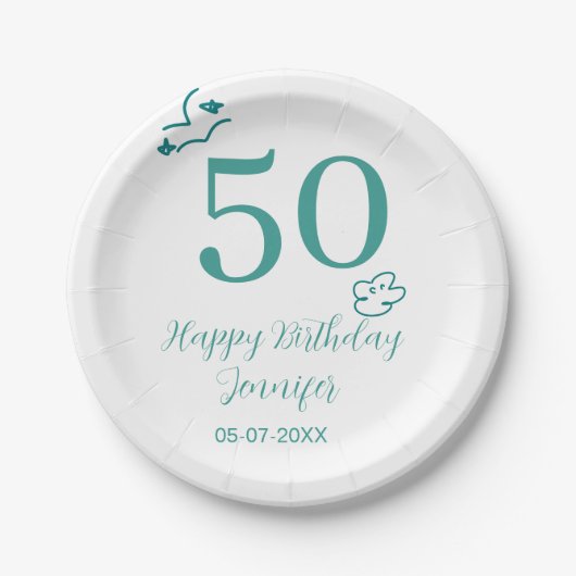 手描きターコイズと雲の名入れ50歳の誕生日デザイン ペーパープレート (正面)