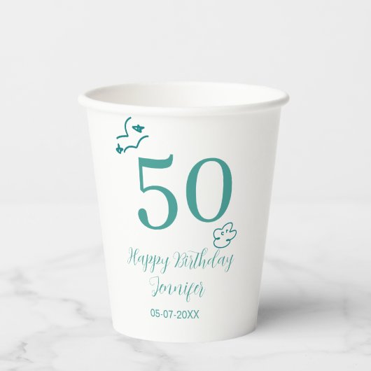 手描きターコイズと雲の名入れ50歳の誕生日デザイン 紙コップ (正面)