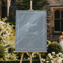 手描きダスティブルー結婚のウェルカムサイン