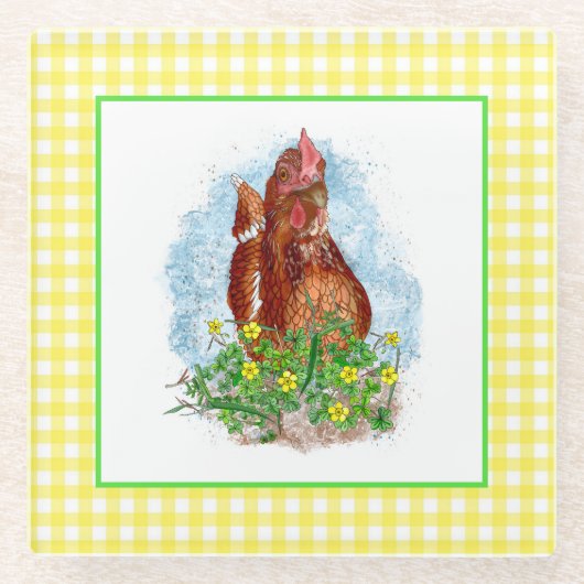 手描きチキンアート ガラスコースター (正面)