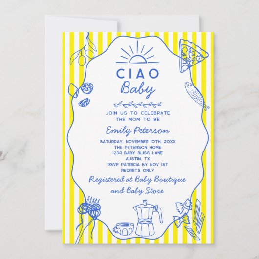 手描きチャオベビーイタリアンをテーマにした赤ちゃんシャワー 招待状 (正面)