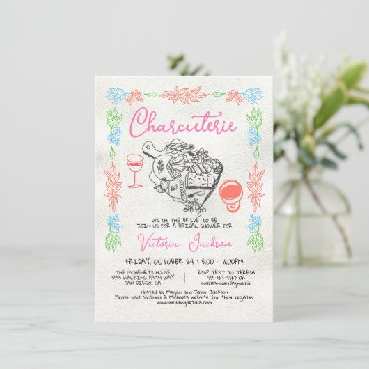 手描きチャーキュテリーボードブライダルシャワー 招待状 (スタンド正面)