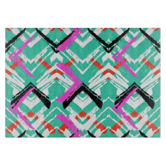 手描きティール(緑がかった色)ジグザグパターン カッティングボード (正面)