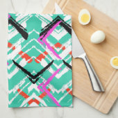 手描きティール（緑がかった色）ジグザグパターン キッチンタオル (四つ折り)