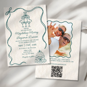 手描きティール（緑がかった色）レトロBow Photo All 結婚 In One's 招待状