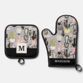 手描きテクスチャサボパターン 鍋つかみ&鍋敷きセット (正面)