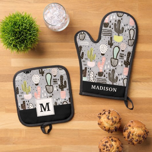 手描きテクスチャサボパターン 鍋つかみ&鍋敷きセット (トップダウン)