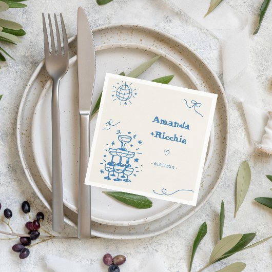 手描きディスコお洒落レトロフランスの結婚の スタンダードカクテルナプキン