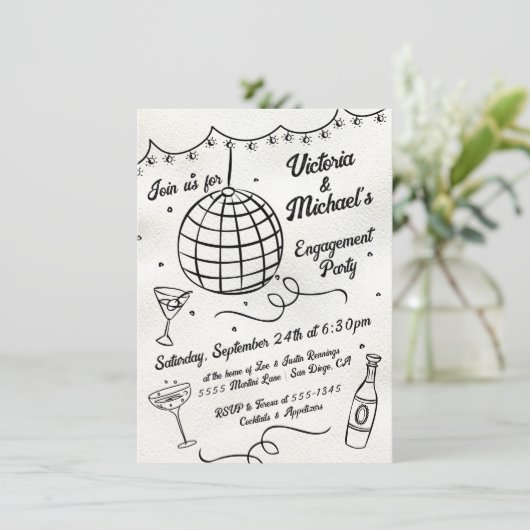 手描きディスコボールファンキー婚約パーティ 招待状 (スタンド正面)