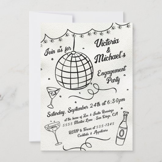手描きディスコボールファンキー婚約パーティ 招待状 (正面)