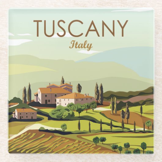手描きトスカーニイタリア景観風景スケッチ ガラスコースター (正面)