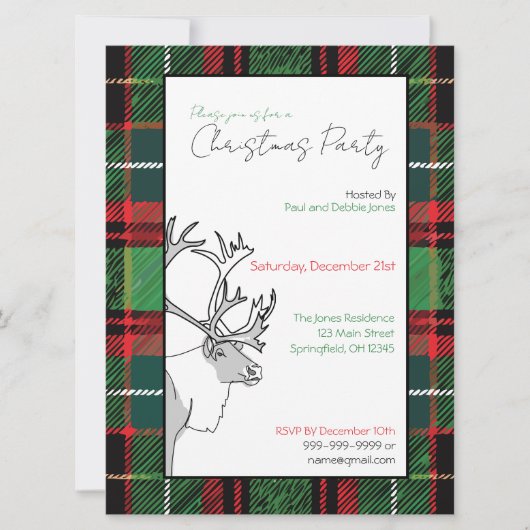 手描きトナカイの格子模様クリスマスカスタムパーティー 招待状 (正面)