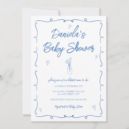 手描きトレンディーブルー花男の赤ちゃんシャワー 招待状 (正面)