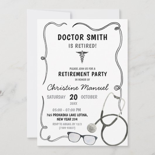 手描きドクターリタイアパーティー 招待状 (正面)