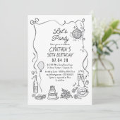 手描きドードルお洒落大人予測できな誕生日 招待状 (スタンド正面)