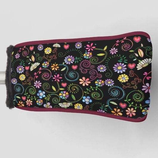 手描きドードルカラフルフローラ継ぎ目パターン ゴルフヘッドカバー (正面)