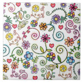 手描きドードルカラフルフローラ継ぎ目パターン タイル (正面)