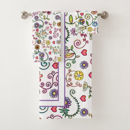 手描きドードルカラフルフローラ継ぎ目パターン バスタオルセット (インサイチュ)