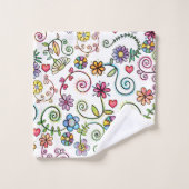 手描きドードルカラフルフローラ継ぎ目パターン バスタオルセット (ウォッシュタオル)