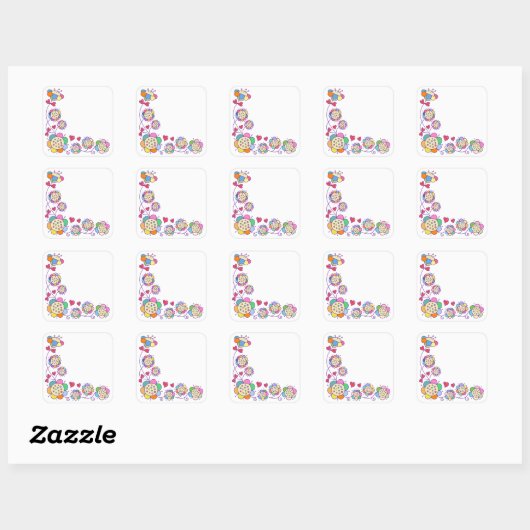 手描きドードルデイジーフローラコー縁どナー スクエアシール (シート)