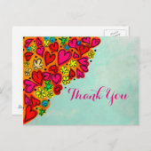 手描きドードルハートと花ありがとう ポストカード (正面/裏面)