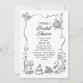手描きドードルファンキーお洒落ブライダルシャワー 招待状