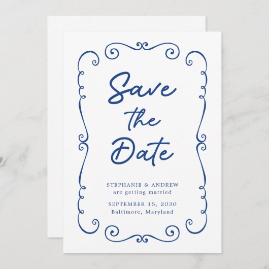 手描きドードル縁どウェディング日付を保存 招待状 (正面/裏面)