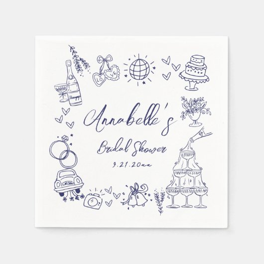 手描きネイビーブルーお洒落ブライダルシャワー スタンダードカクテルナプキン (正面)
