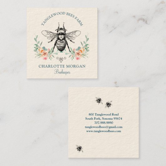 手描きハニービーキーパー養蜂場フローラスクアール スクエア名刺 (正面/裏面)