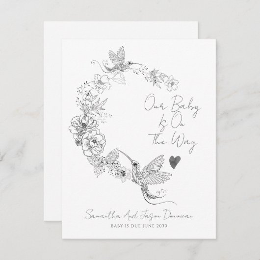 手描きハミングバードフローラ植物妊娠 案内状 (正面/裏面)