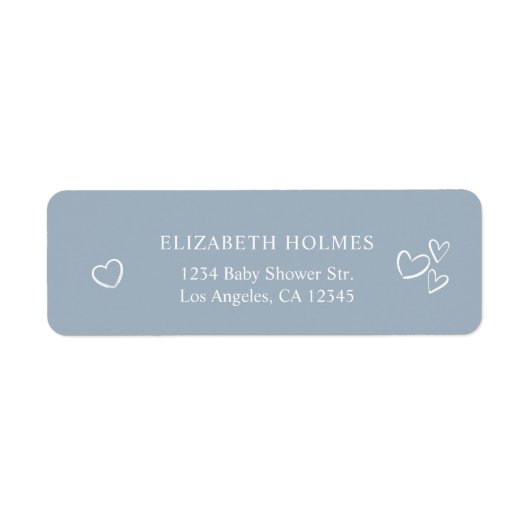 手描きハートほこりっぽい青い赤ちゃんシャワーのアドレス ラベル (正面)