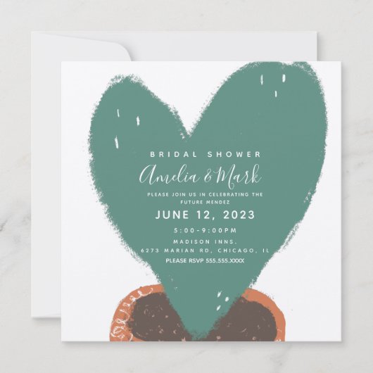 手描きハートサボテン鉢植えブライダルシャワー 招待状 (正面)