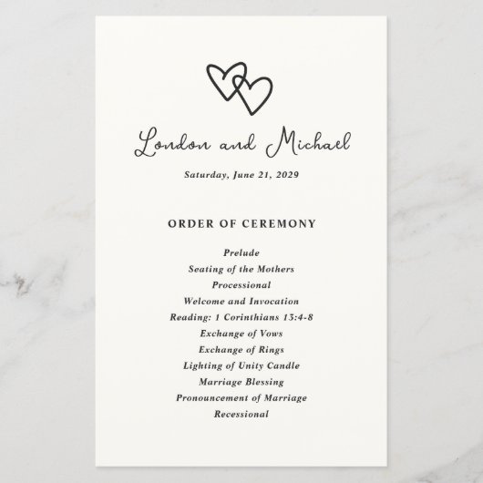 手描きハートドードルモダン結婚式 プログラム (正面)